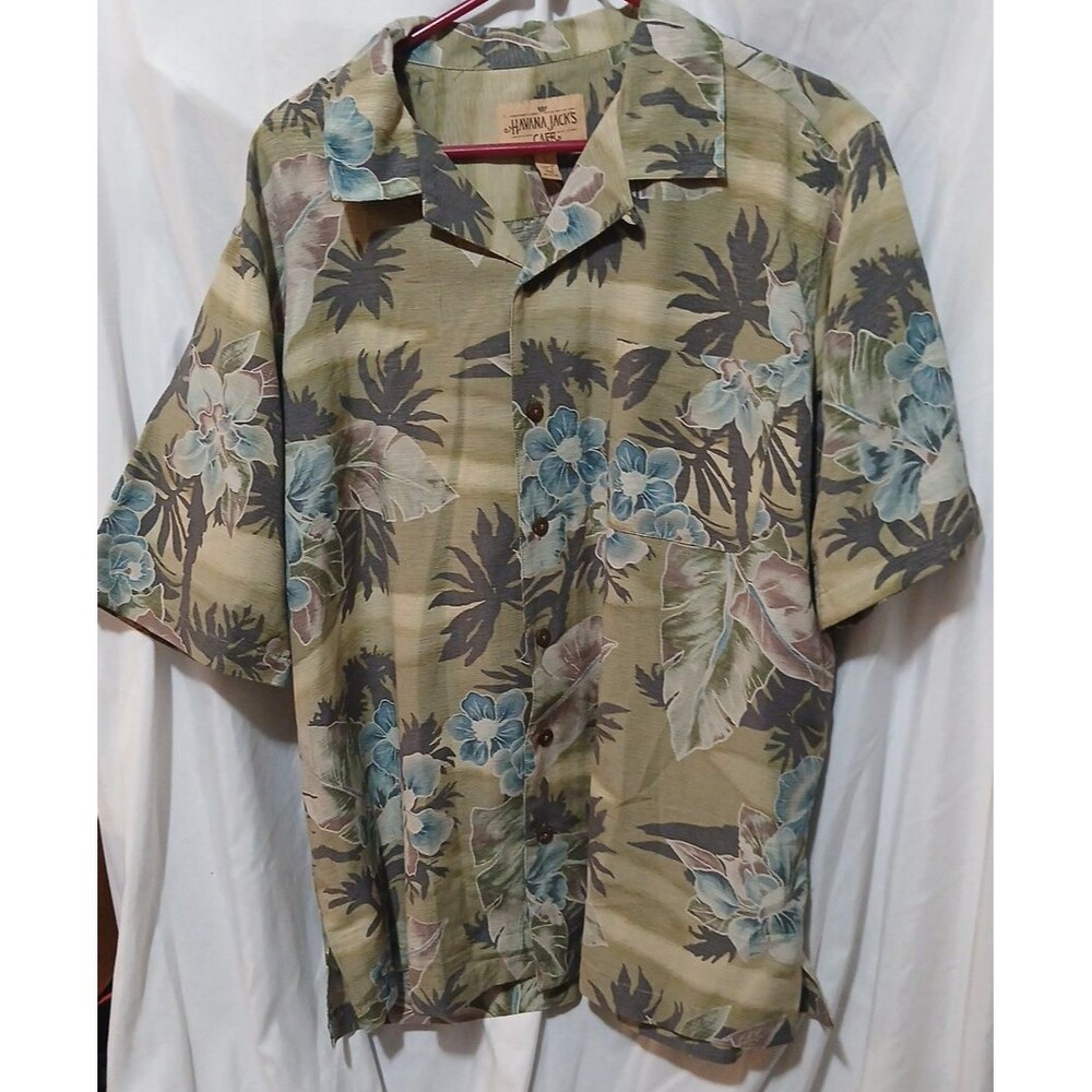Havana Jack Cafe Hawaiian Shirt 100% Silk Size L Green Button Down